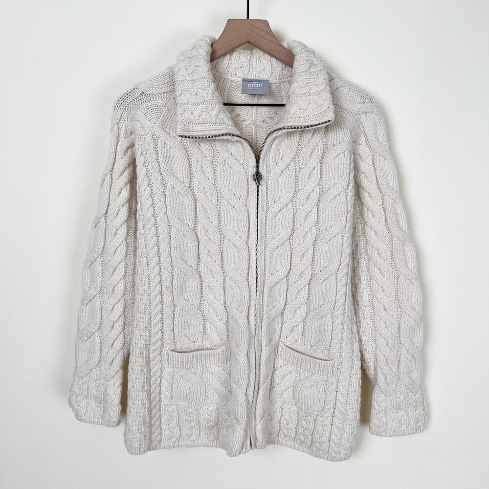 Aran Woollen Mills 100% Merino Wool Cable Knit Long Cardigan Sweater Jacket Coat - Picture 4 of 12